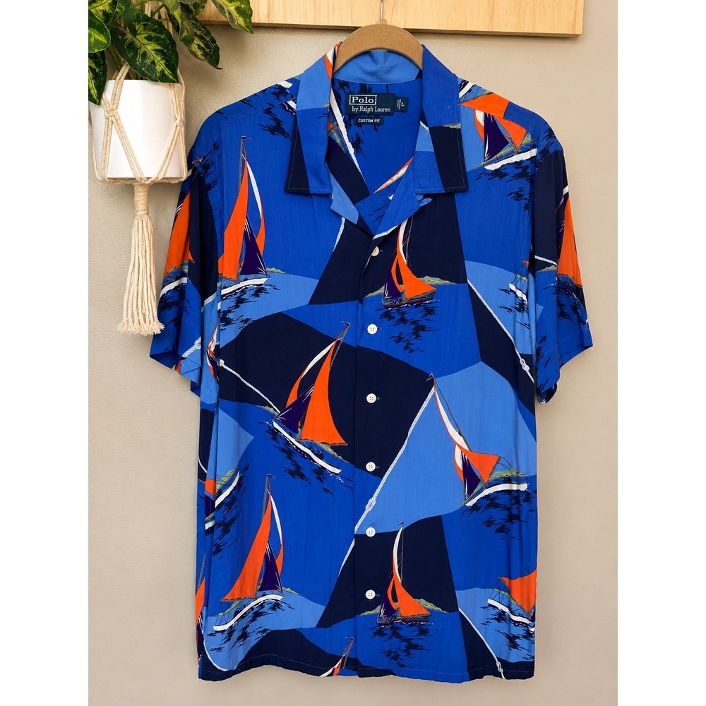 Vintage Polo Ralph Lauren Sailboat Print Viscose Button Down Shirt Blue Large